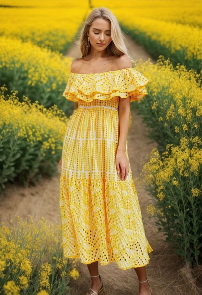 Off-Shoulder Tiered Ruffle Embroidered Eyelet Dress