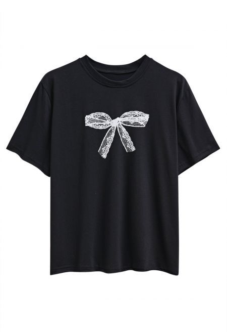 Bowknot Pattern Cotton T-Shirt in Black