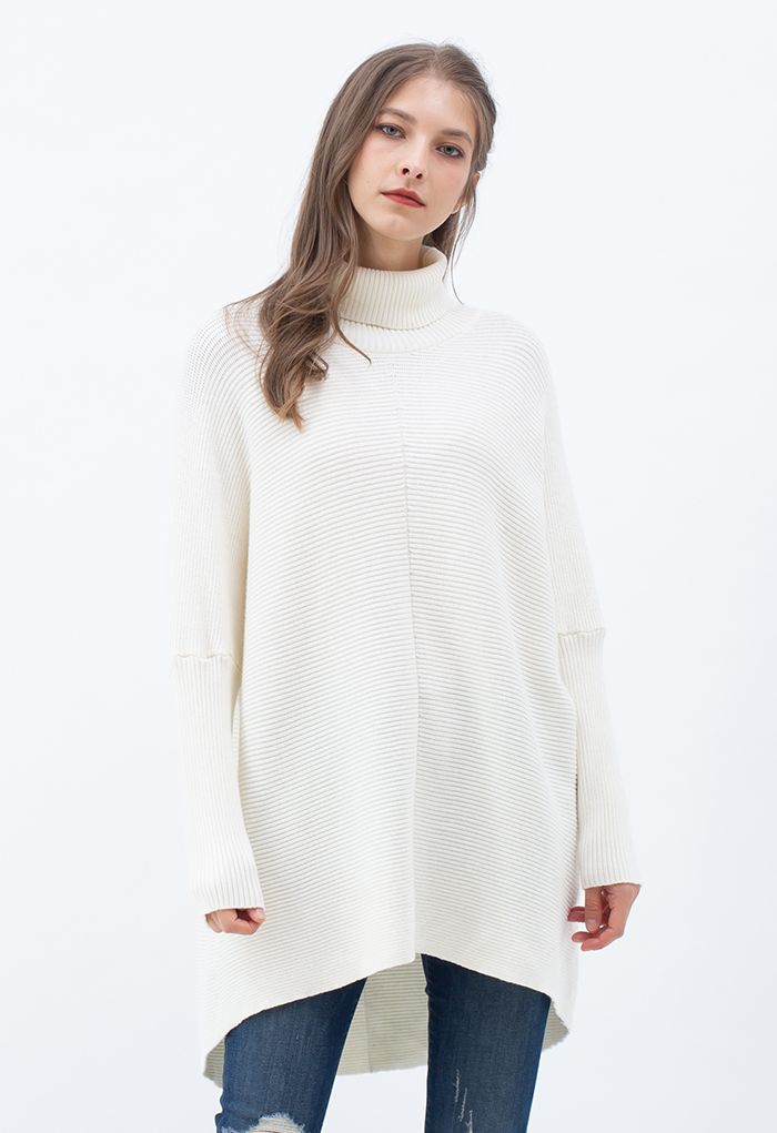Effortless Chic Turtleneck Batwing Sleeve Hi-Lo Sweater in White