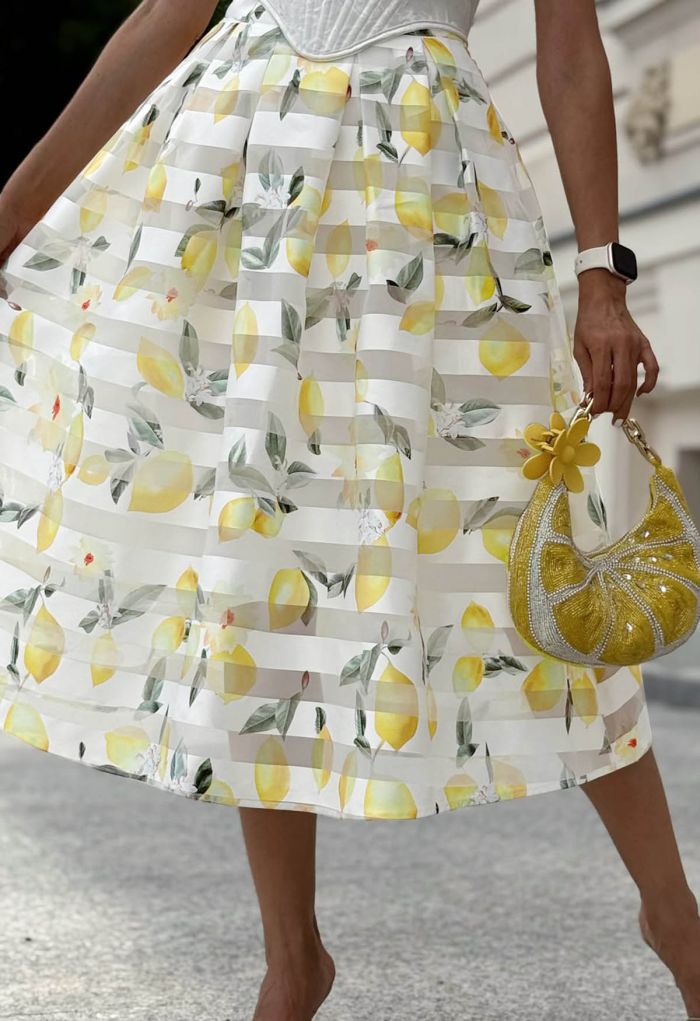 Lemon Printed Stripe Jacquard Organza Midi Skirt