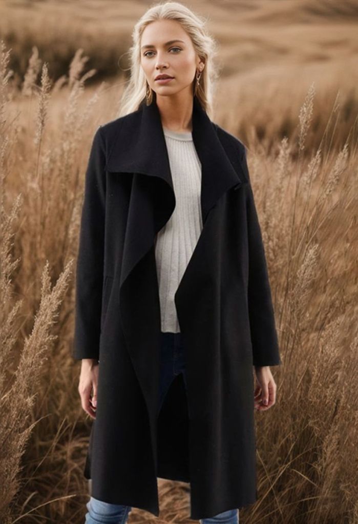 Free Myself Open Front Wool-Blend Coat in Black