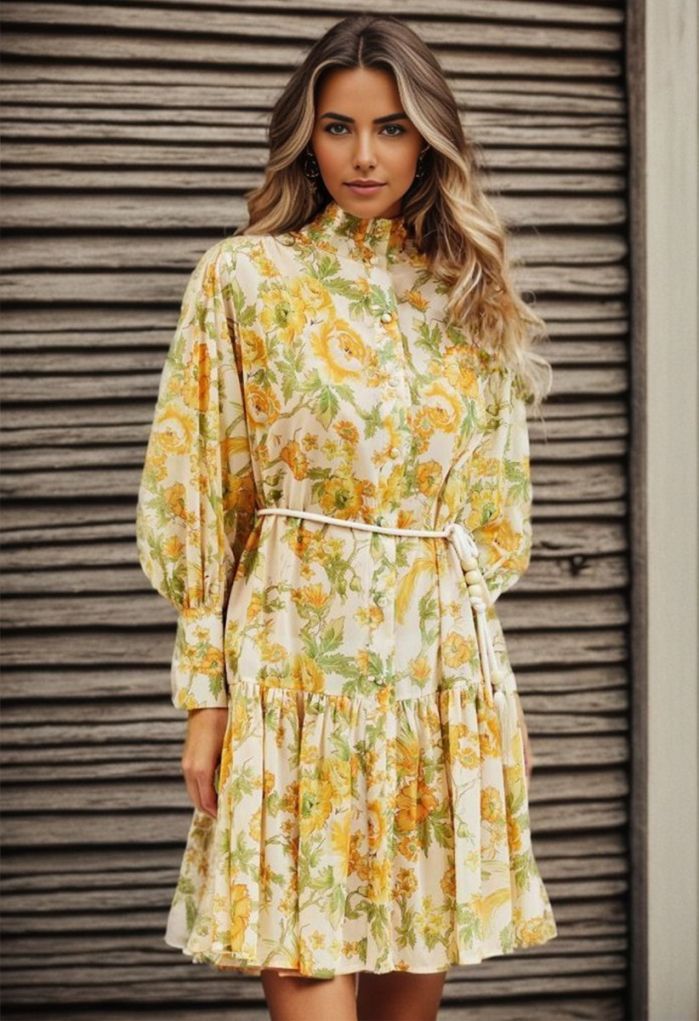 High Neck Orange Floral Printed Dress