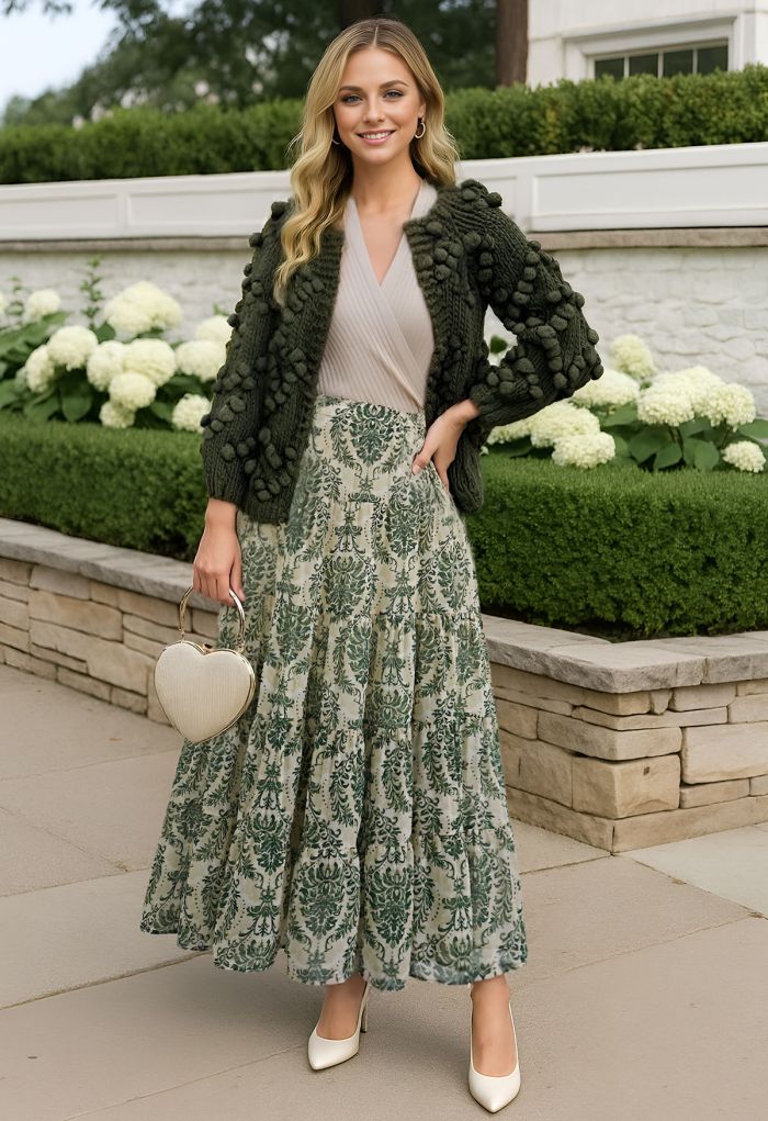 Green Damask Printed Tiered Chiffon Maxi Skirt