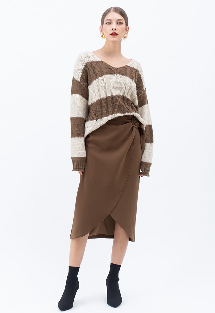 Flap Front Knot Side Midi Petal Skirt in Caramel