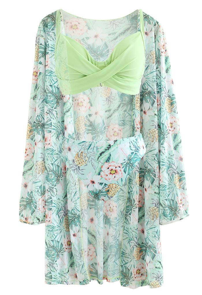 Fresh Floral Crisscross Front Bikini Cover-Up Set in Light Green