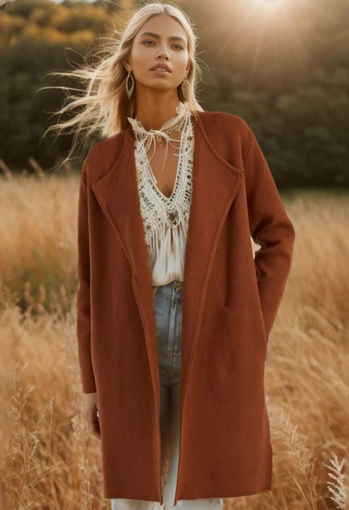 Classy Open Front Knit Coat in Caramel