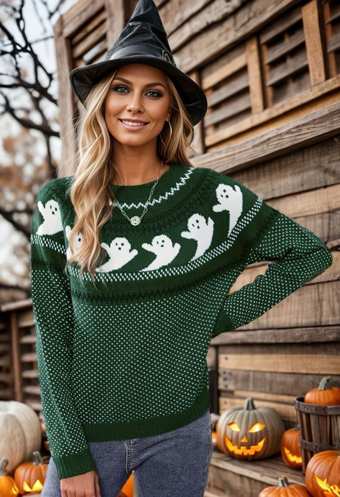 Cute Ghost Long Sleeves Knit Sweater in Army Green Halloween Costumes