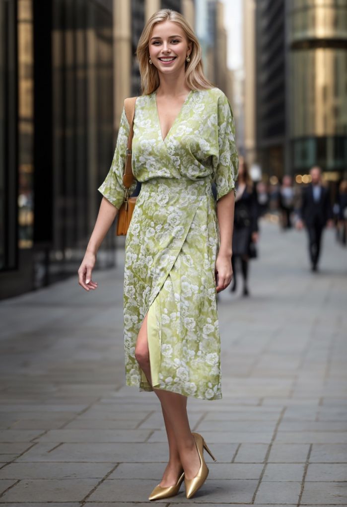 Peony Print Batwing Sleeve Faux-Wrap Dress