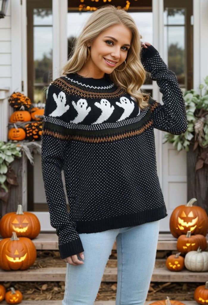 Cute Ghost Long Sleeves Knit Sweater in Black Halloween Costumes