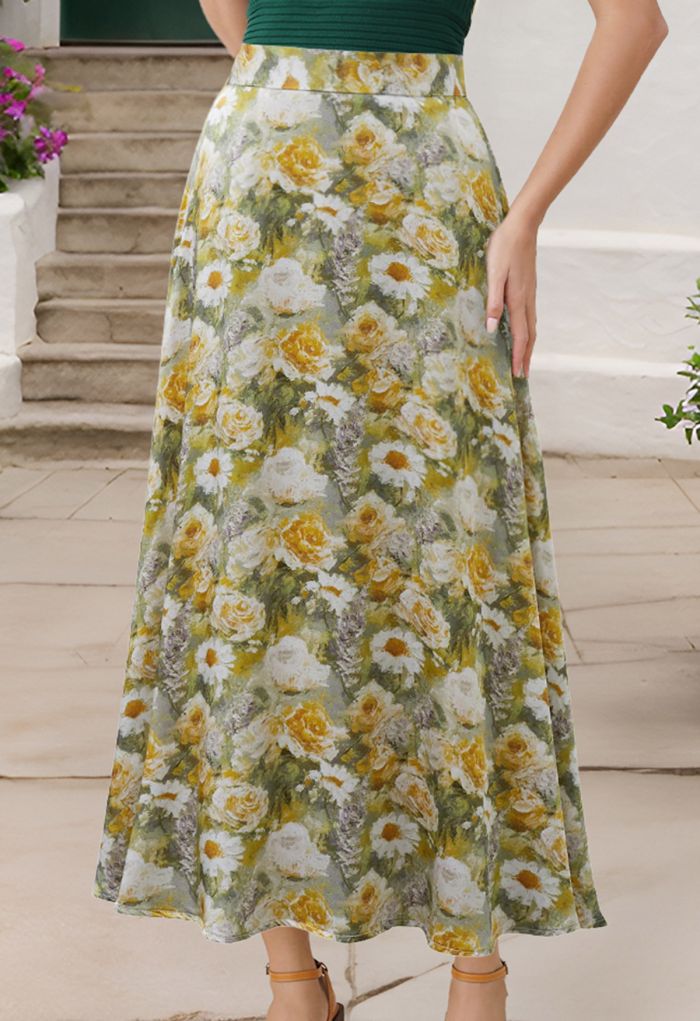 Painterly Blooms High Waist A-Line Skirt