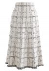 Grid Fringe Hem Knit Skirt in Ivory