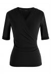 Faux Wrap Soft Mesh Elbow Sleeve Top in Black