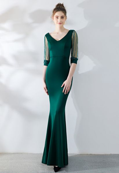 Draped Bead Mesh Sleeve Gown in Emerald