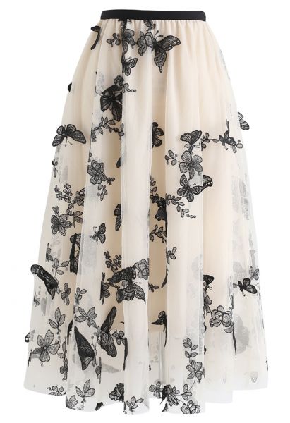 3D Butterfly Double-Layered Mesh Midi Skirt in Cream
