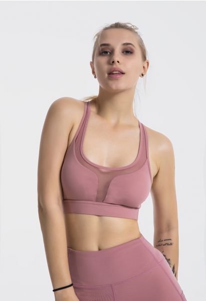 I-Shaped Back Pocket Mesh-Insert Low-Impact Sports Bra in Dusty Pink