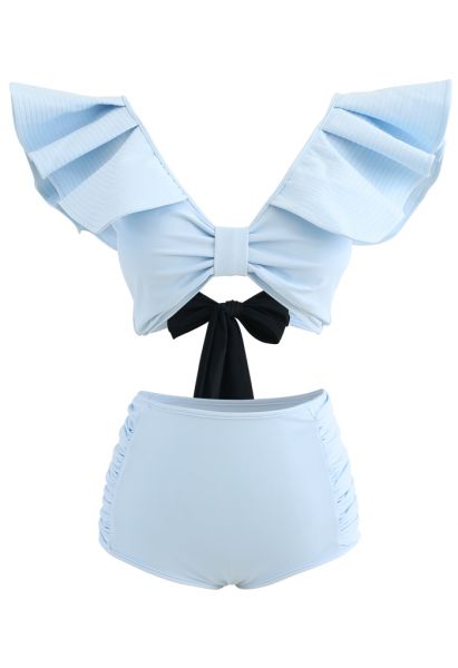 Plunging V-Neck Bowknot Ruffle Trim Bikini Set