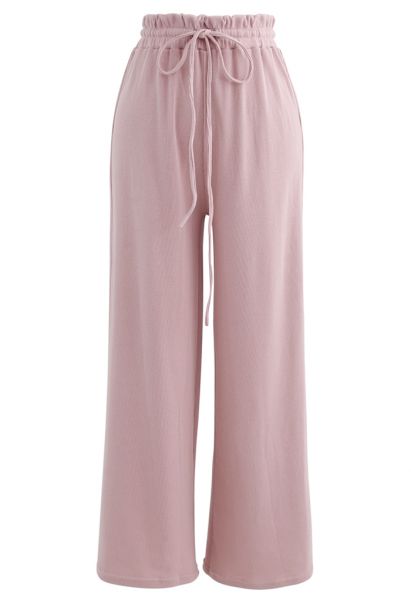 Drawstring Paper-Bag Waist Ribbed Yoga Pants in Pink