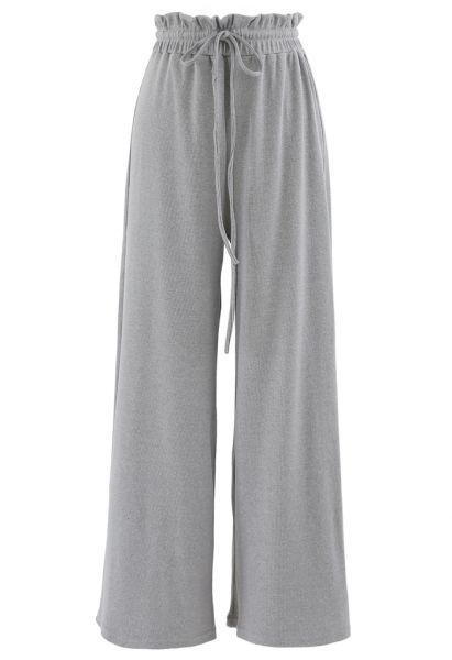 Drawstring Paper-Bag Waist Ribbed Yoga Pants in Grey