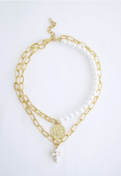 Gold Coin Layered Pearl Chain Necklace