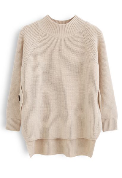 Button Side Hi-Lo Knit Sweater in Light Tan