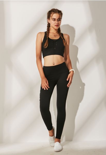 Mesh Panel Lace-Up Cropped Sports Bra and Leggings Set in Black