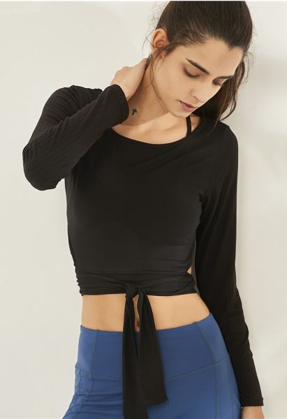 Self-Tie Waist Long Sleeves Cropped Sports Top in Black