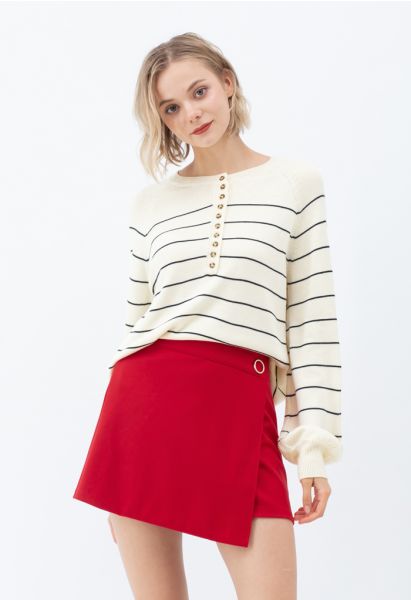 Striped Button Knit Sweater in Cream