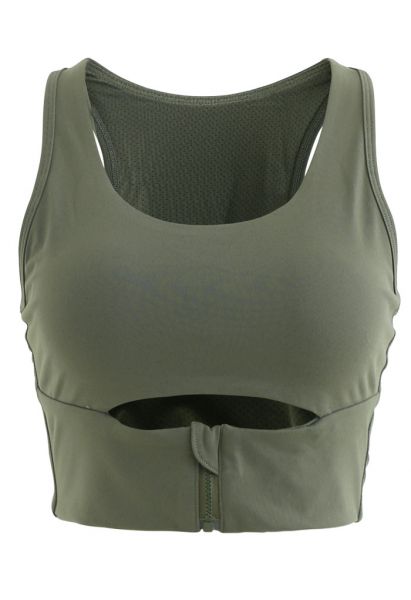 Zipper Cut Out Front Low-Impact Sports Bra in Army Green