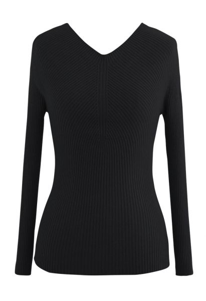 Seamless V-Neck Ribbed Knit Top in Black