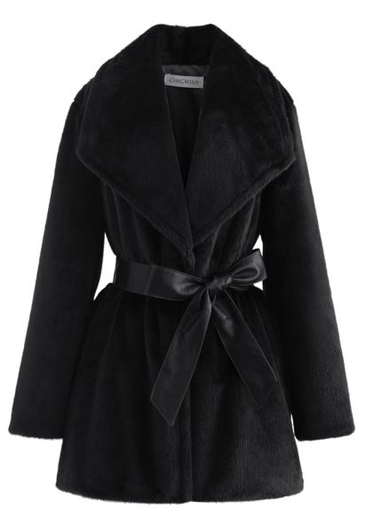 Faux Fur PU Leather Belted Coat in Black