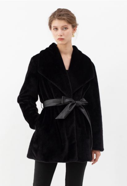 Faux Fur PU Leather Belted Coat in Black