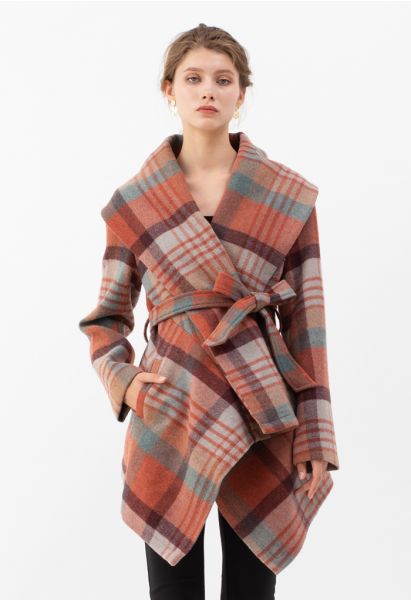 Plaid Pattern Rabato Coat in Coral