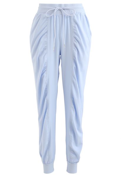 Drawstring Waist Ruched Detail Joggers in Sky Blue