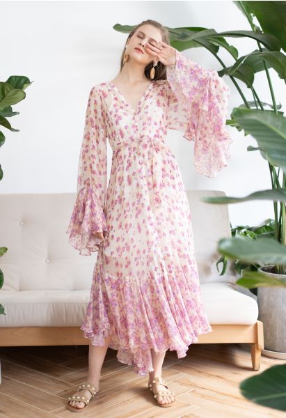 Ditsy Floral Kimono Sleeves Semi-Sheer Hi-Lo Dress