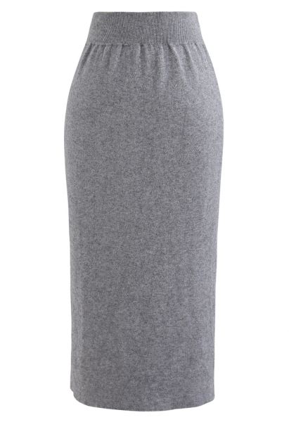 High Waist Ribbed Knit Pencil Skirt in Grey