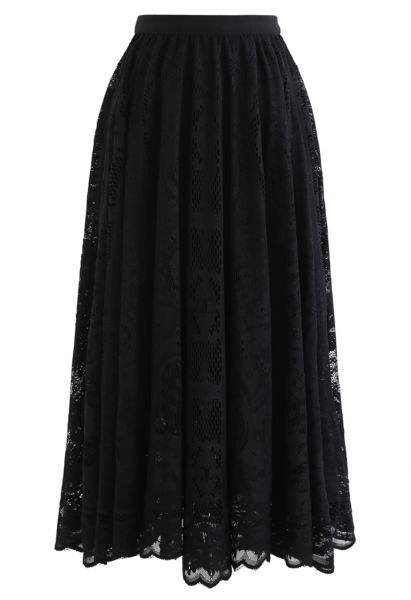 Divine Floral Lace Midi Skirt in Black