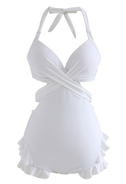 Halter Tied Ruffle Swimsuit with Mesh Kimono in White