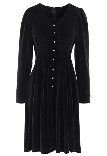 Button Trim V-Neck Velvet Midi Dress