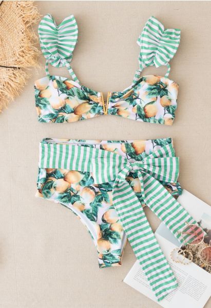 Striped Lemon Print Bowknot Bikini Set