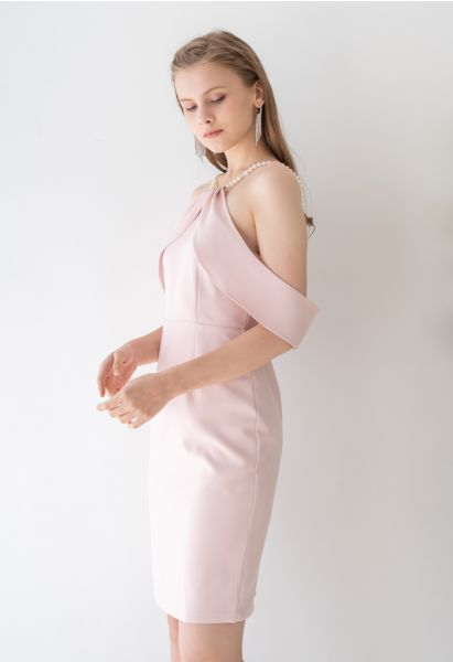 Pearl Strap Cold-Shoulder Shift Dress in Pink