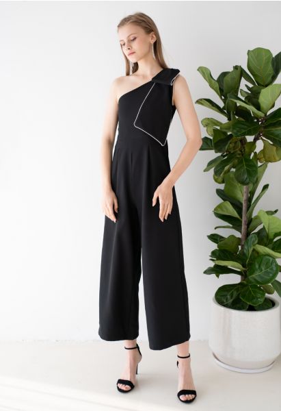 Bow Strap Oblique One-Shoulder Jumpsuit