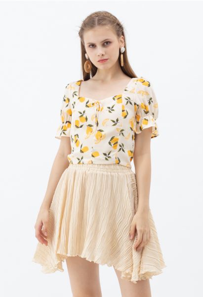 Lemon Print Square Neck Bowknot Crop Top