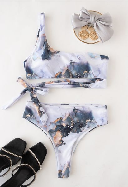 Volcano Print One-Shoulder Knotted Bikini Set