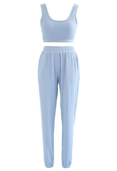 Soft Touch Cami Sports Bra and Joggers Set in Sky Blue
