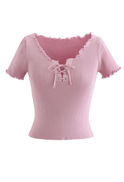 lettuce Edge Lace-Up Crop Knit Top in Pink