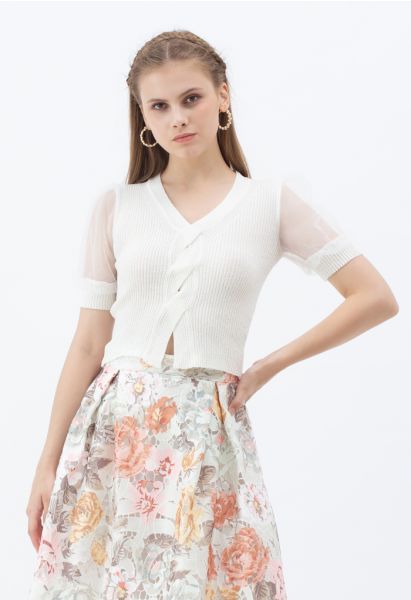 Meshed Short Sleeves Cropped Knit Top in White