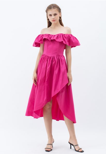 Ruffle Off-Shoulder Flap Asymmetric Dress in Magenta