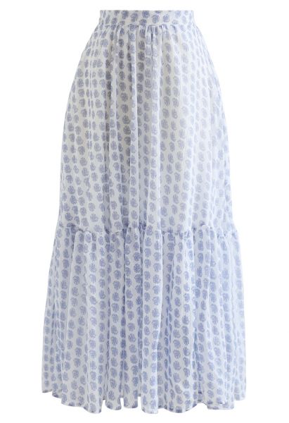 Tender Floral Frill Hem Maxi Skirt in Blue