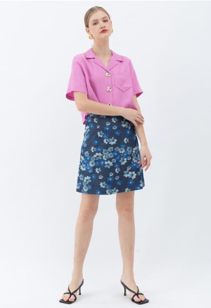 Falling Flowers Denim Bud Skirt in Navy