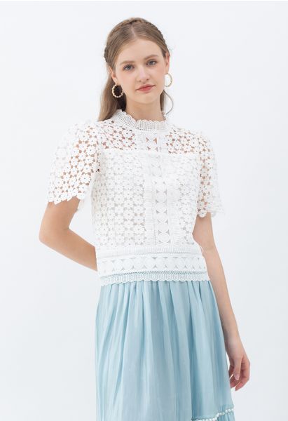 Summer Daisy Full Crochet Crop Top in White